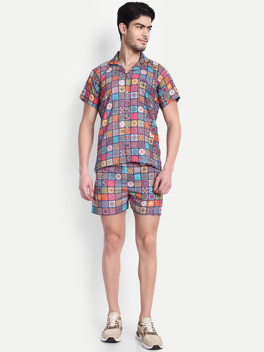 

TILISM Printed Shirt Collar Short Sleeves Pure Cotton Shirt With Shorts, Blue