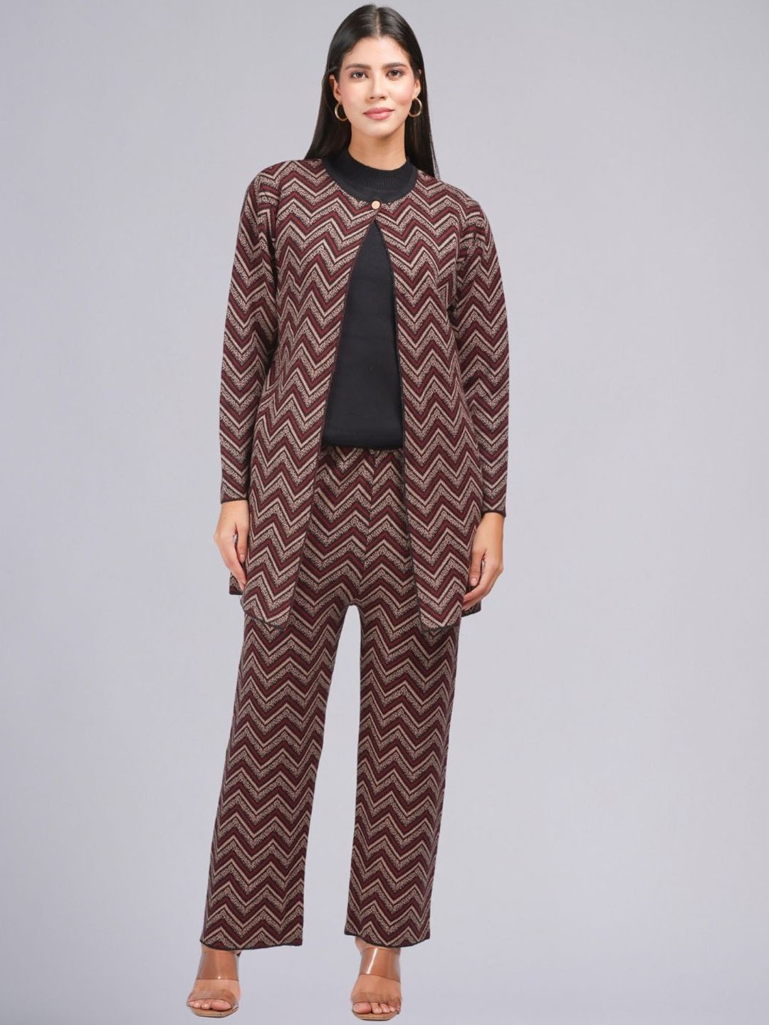 

PUREMIST Chevron Self Design Round Neck Long Sleeve Jacket With Trouser With Top, Maroon