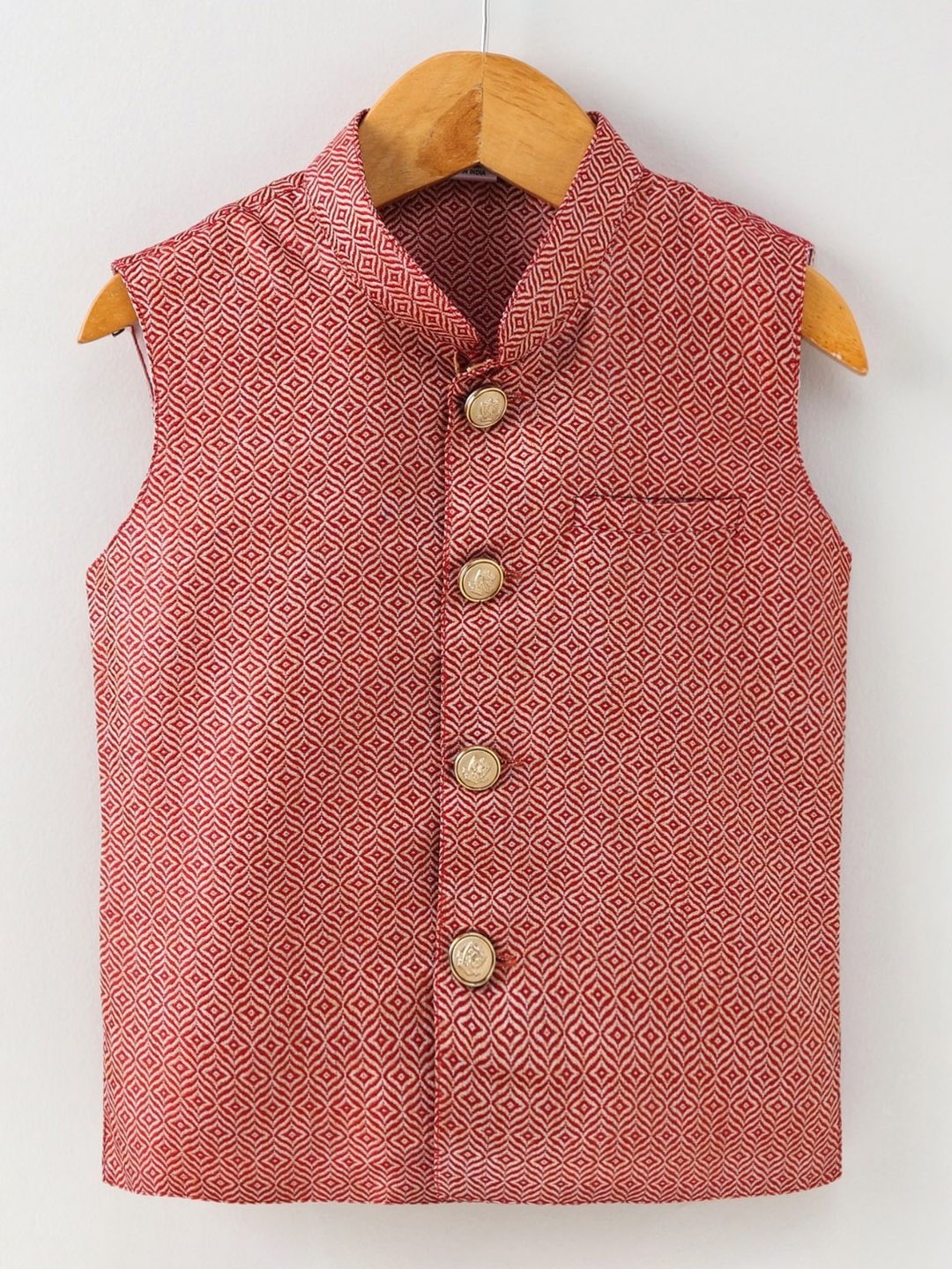 

Pehanaava Boys Woven Design Mandarin Collar Nehru Jacket, Red