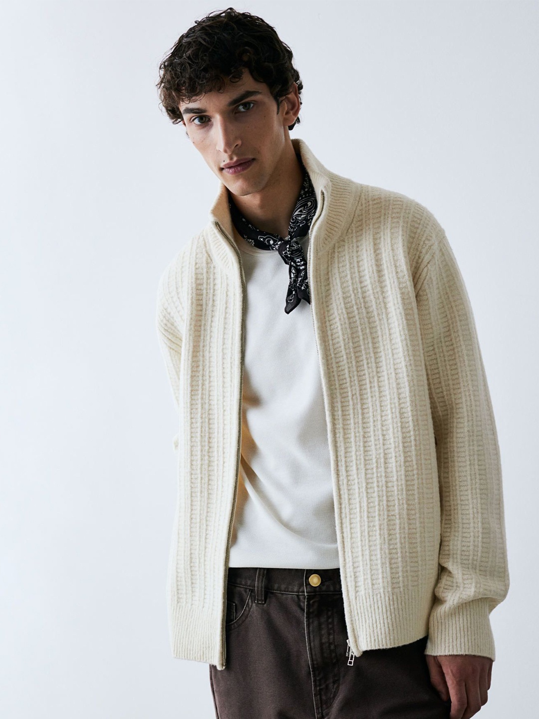 

H&M Men Regular Fit Textured-Knit Cardigan, White