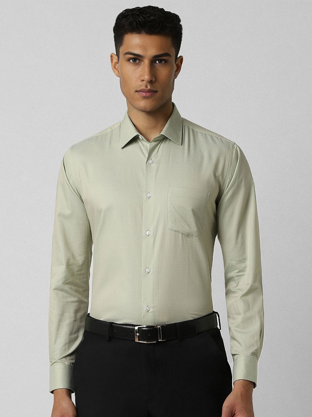 

Van Heusen Men Spread Collar Micro Disty Printed Cotton Slim Fit Formal Shirt, Green