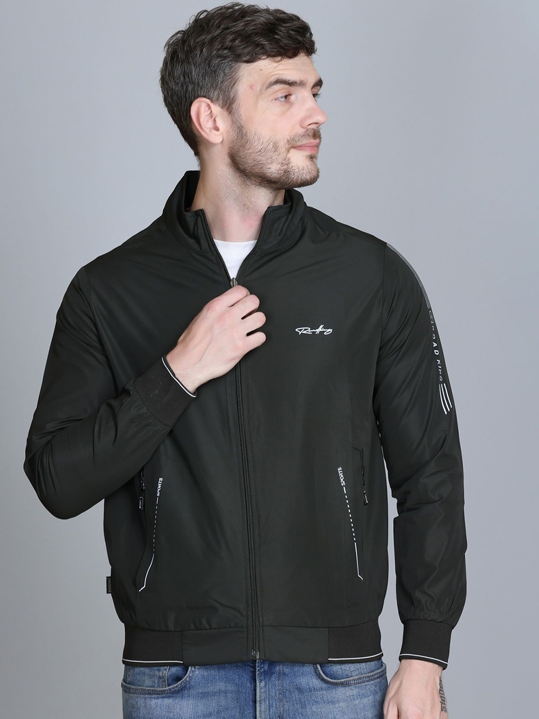 

Roadking Men Mock Collar Solid Casual Bomber Jacket, Black
