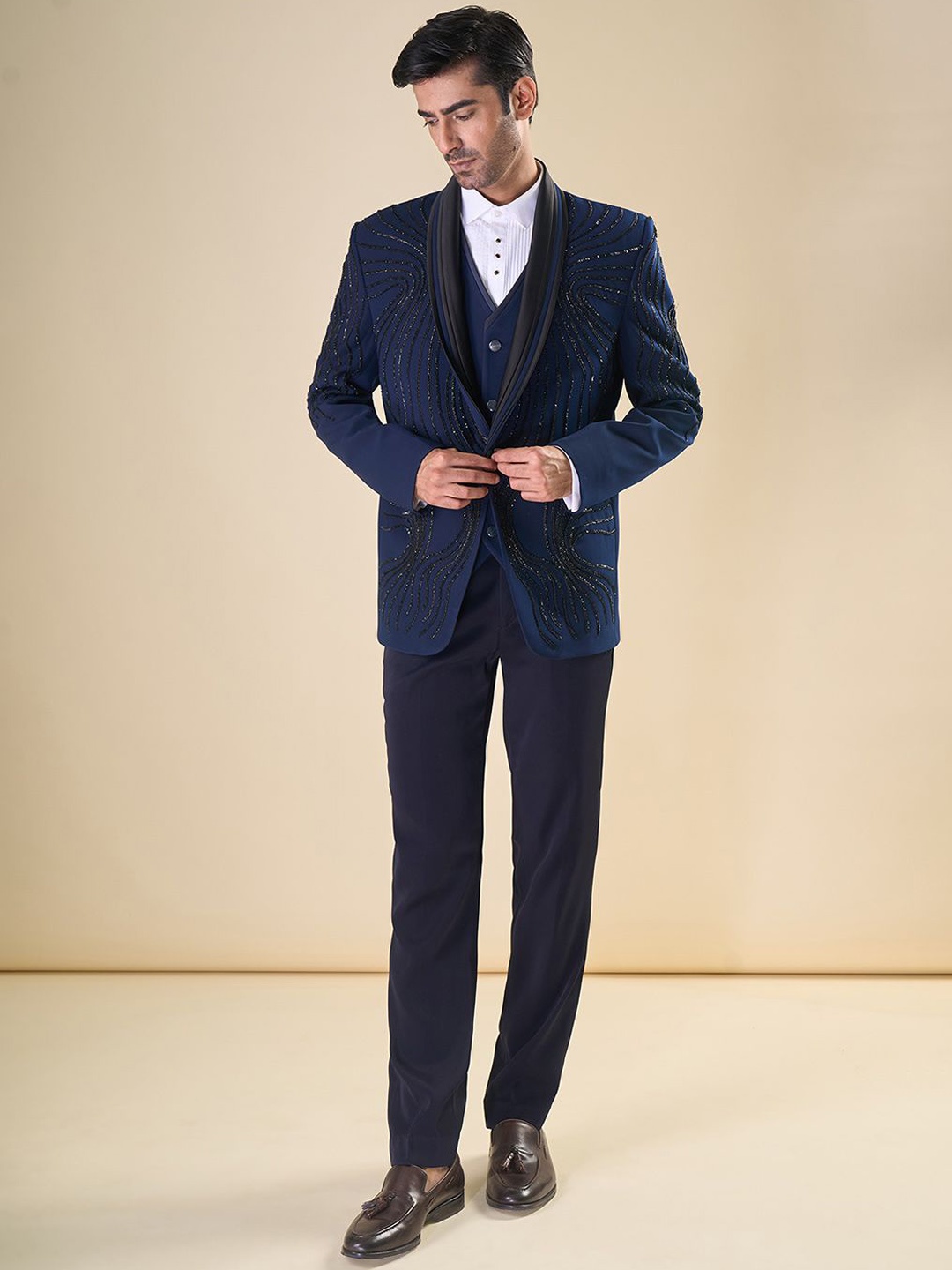 

Aryavir Malhotra Tuxedo Four-Piece Party Wear Suit, Blue
