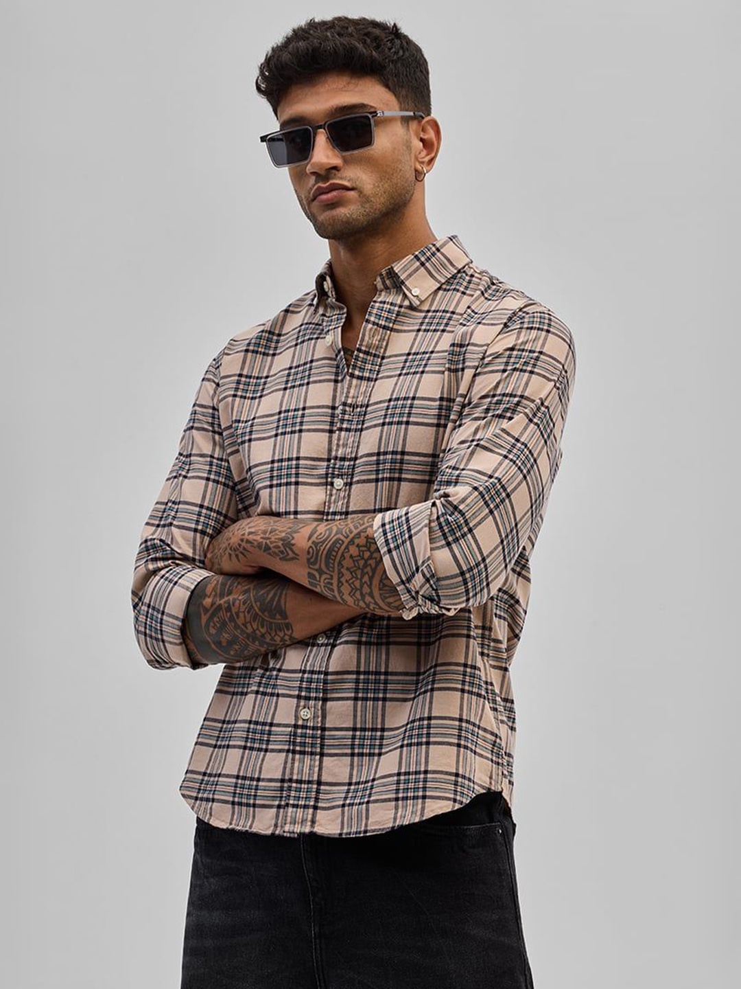 

Snitch Men Smart Button-Down Collar Tartan Checked Cotton Casual Shirt, Pink