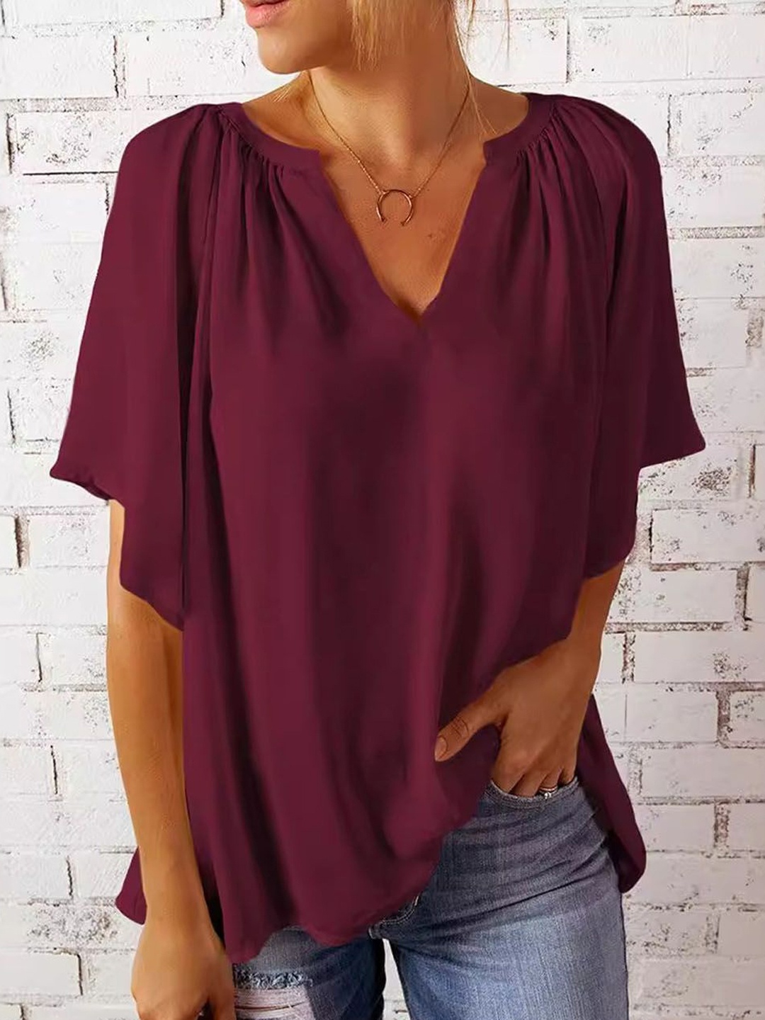 

StyleCast V-Neck Solid Flared Sleeves Top, Burgundy