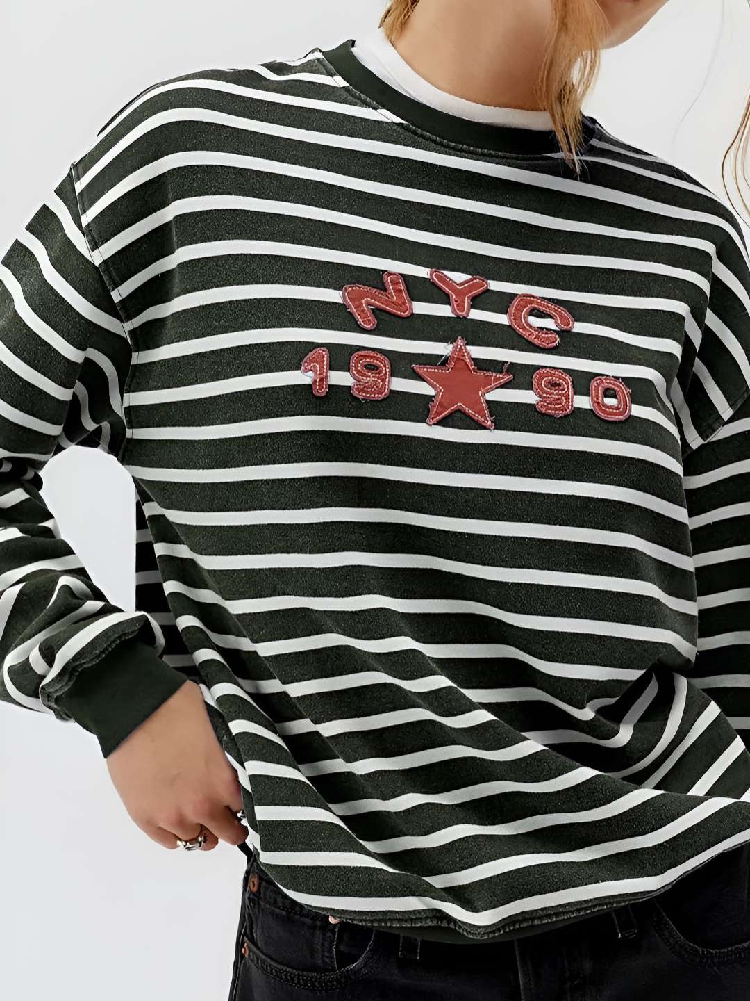 

LULU & SKY Women Striped Polo Collar Extended Sleeves Applique T-shirt, Green