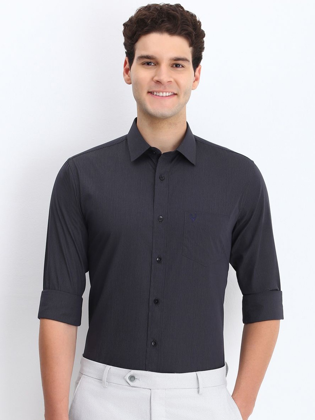 

Allen Solly Men Spread Collar Vertical Striped Cotton Slim Fit Formal Shirt, Charcoal