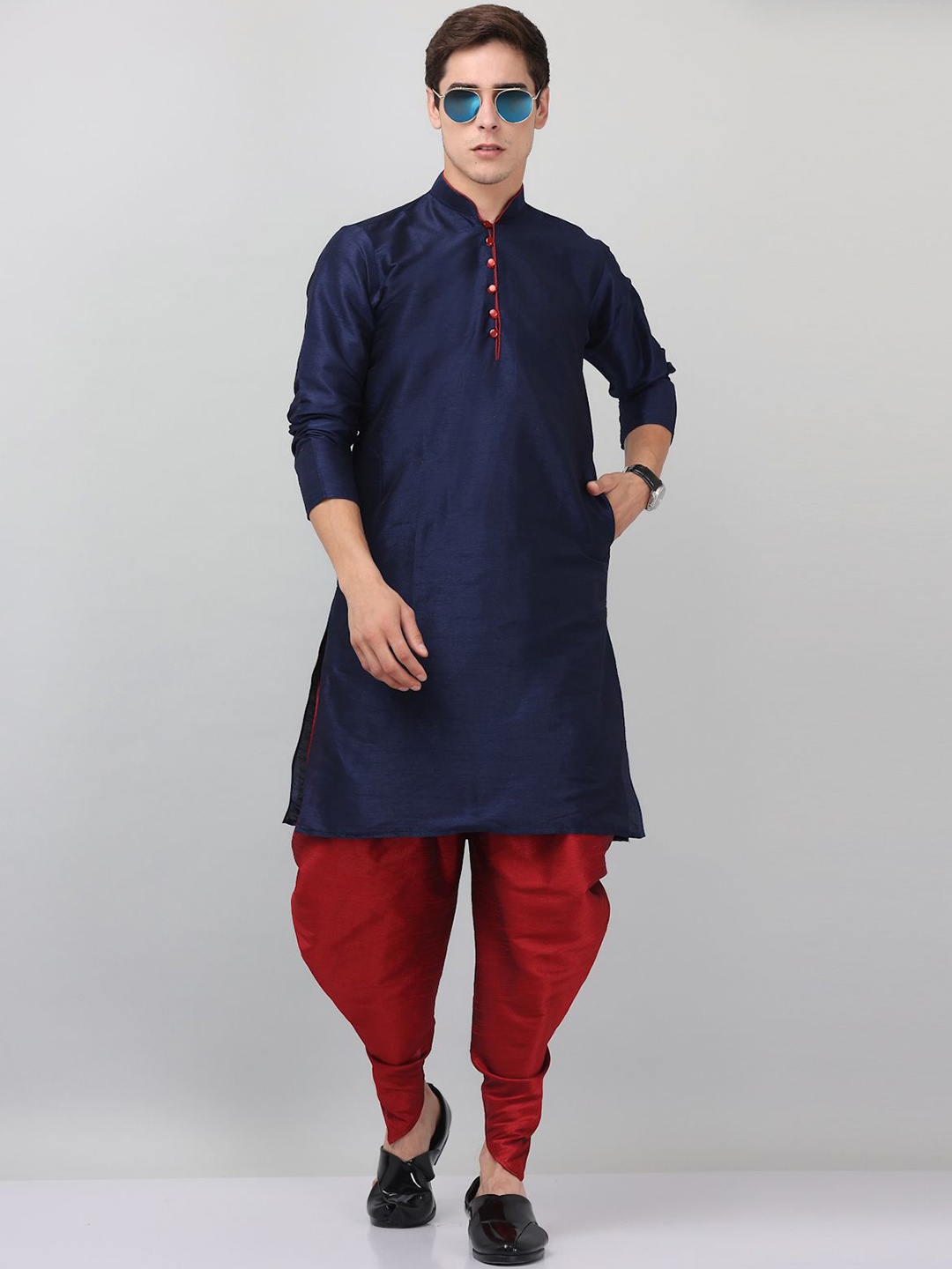 

LEMONX Mandarin Collar Dupion Silk Straight Kurta With Dhoti Pant, Navy blue