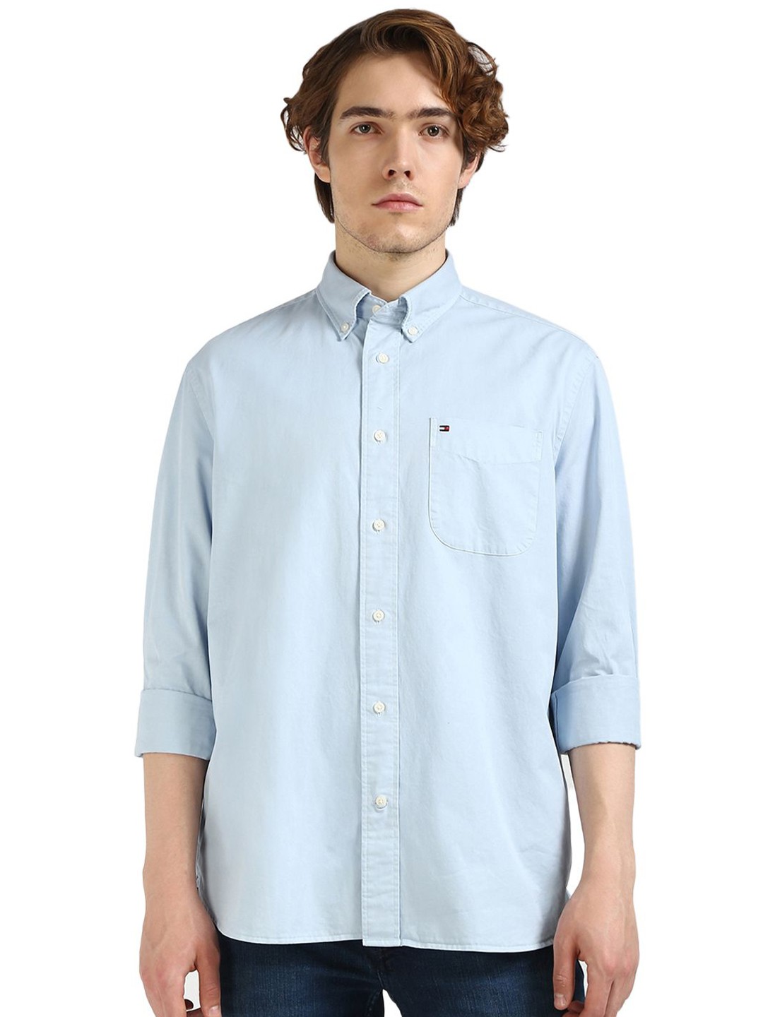 

Tommy Hilfiger Men Button-Down Collar Solid Cotton Casual Shirt, Blue