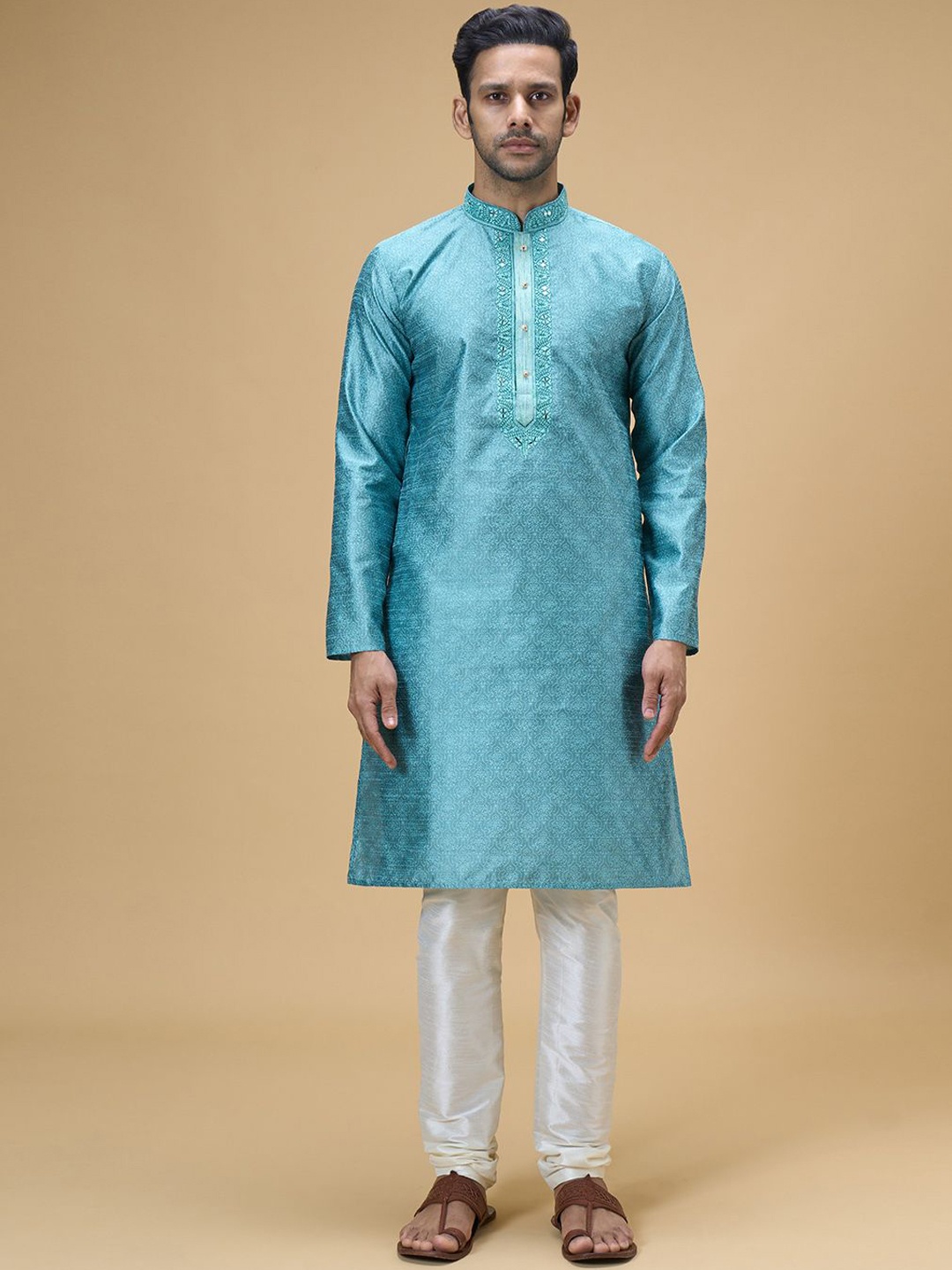 

Arihant Rai Sinha Floral Embroidered Mandarin Collar Straight Kurta With Churidar, Blue