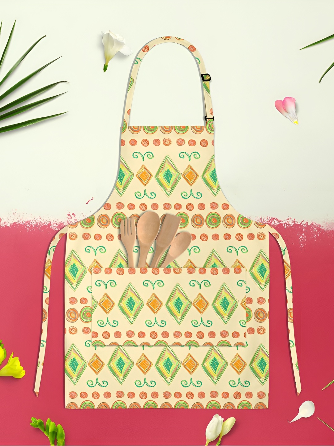 

ArtzFolio Cream Colored & Orange Colored Printed Cotton Aprons