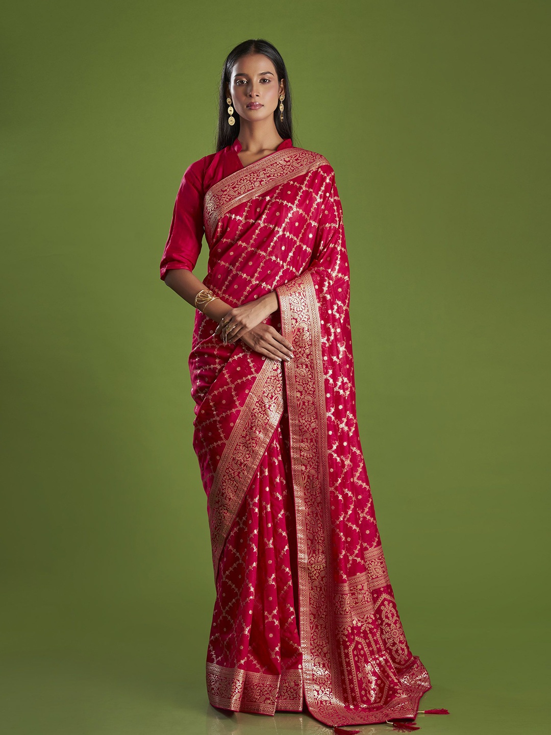 

ISHKIYA Ethnic Motifs Zari Pure Silk Khadi Saree, Red