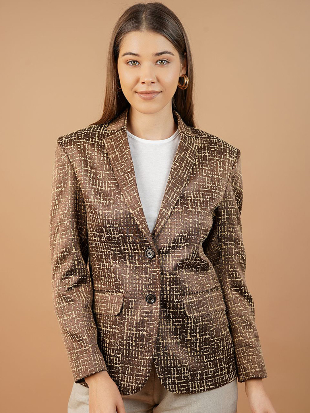

INDOPHILIA Printed Single Breasted Blazer, Brown