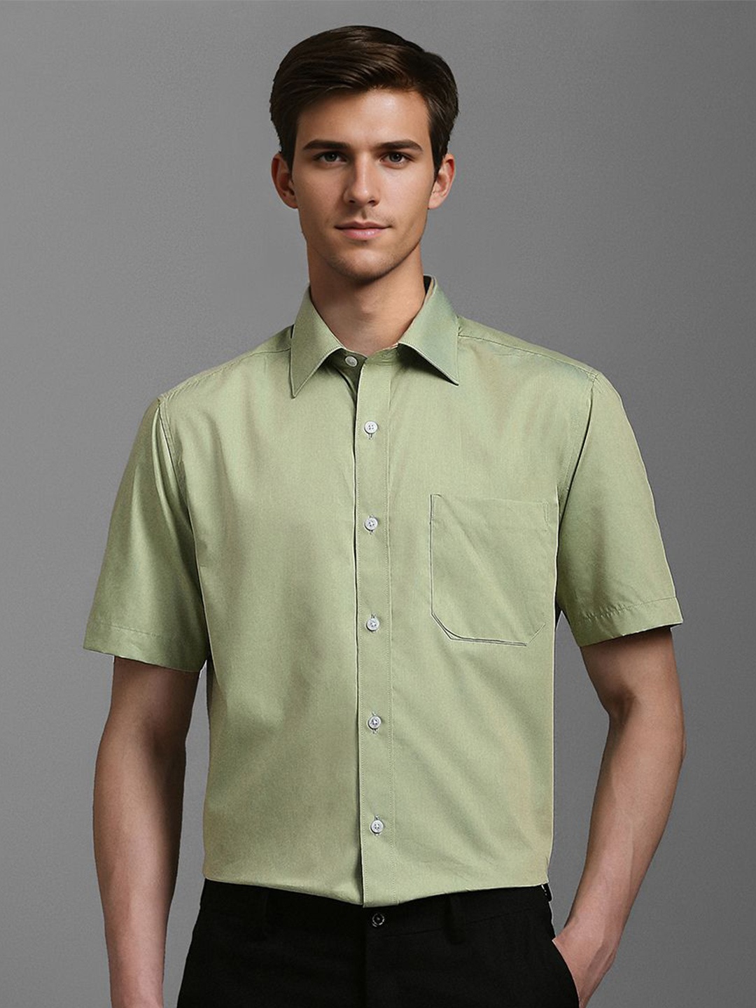 

Louis Philippe Men Classic Spread Collar Solid Cotton Formal Shirt, Green
