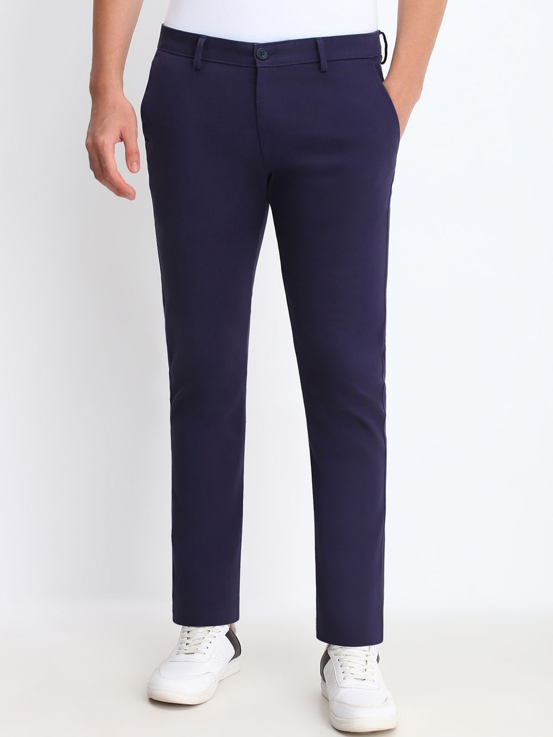 

Allen Solly Men Cotton Ultra Solid Mid-Rise Slim Fit Formal Trousers, Navy blue