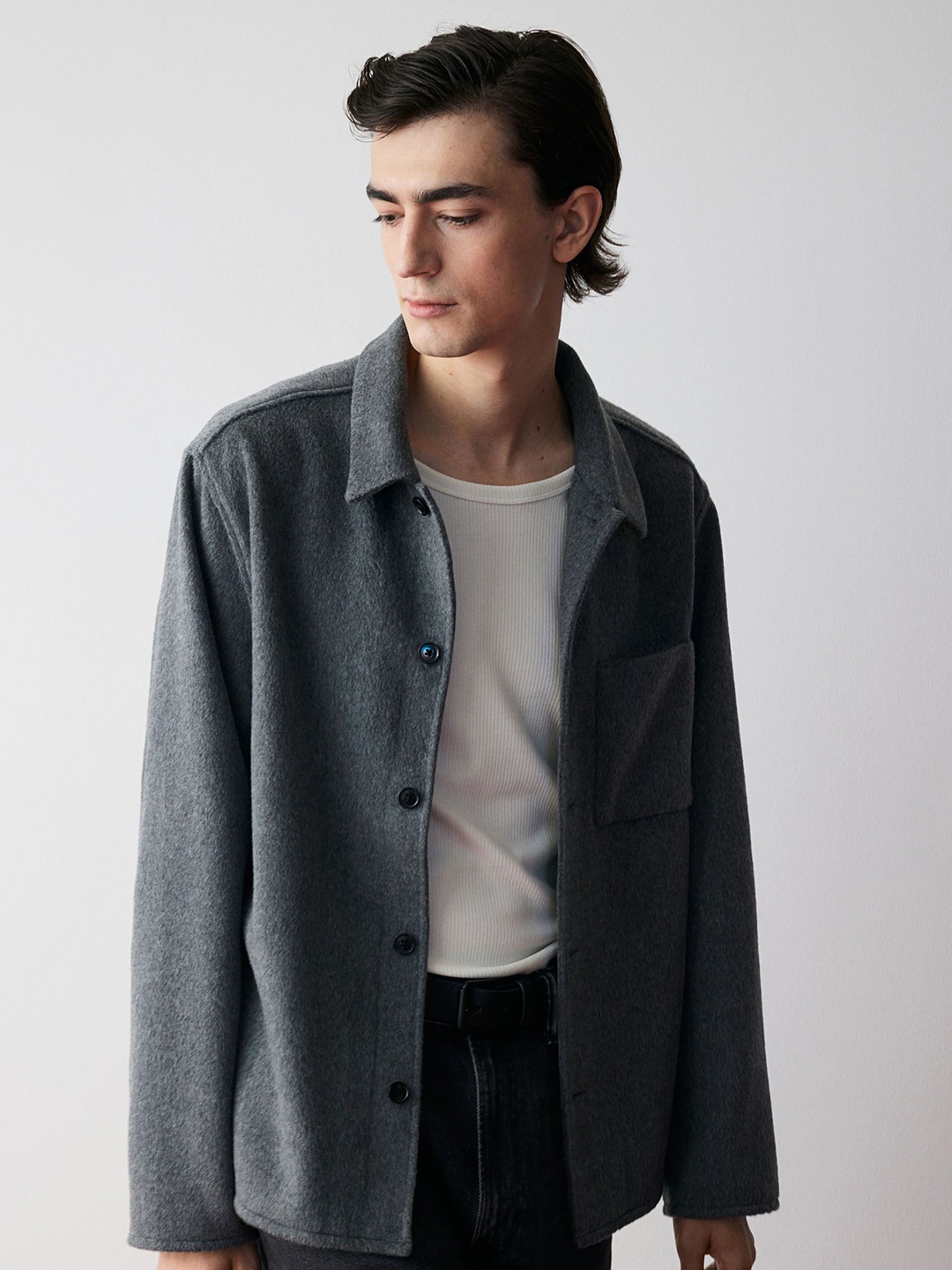 

H&M Spread Collar Brushed Overshirt, Grey