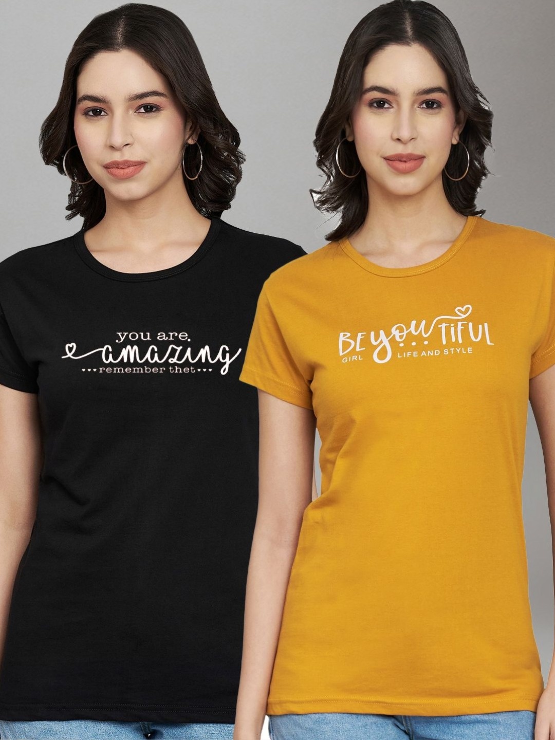 

Trend Level Women Pack Of 2 Geometric Printed Round Neck Cotton T-shirts, Black