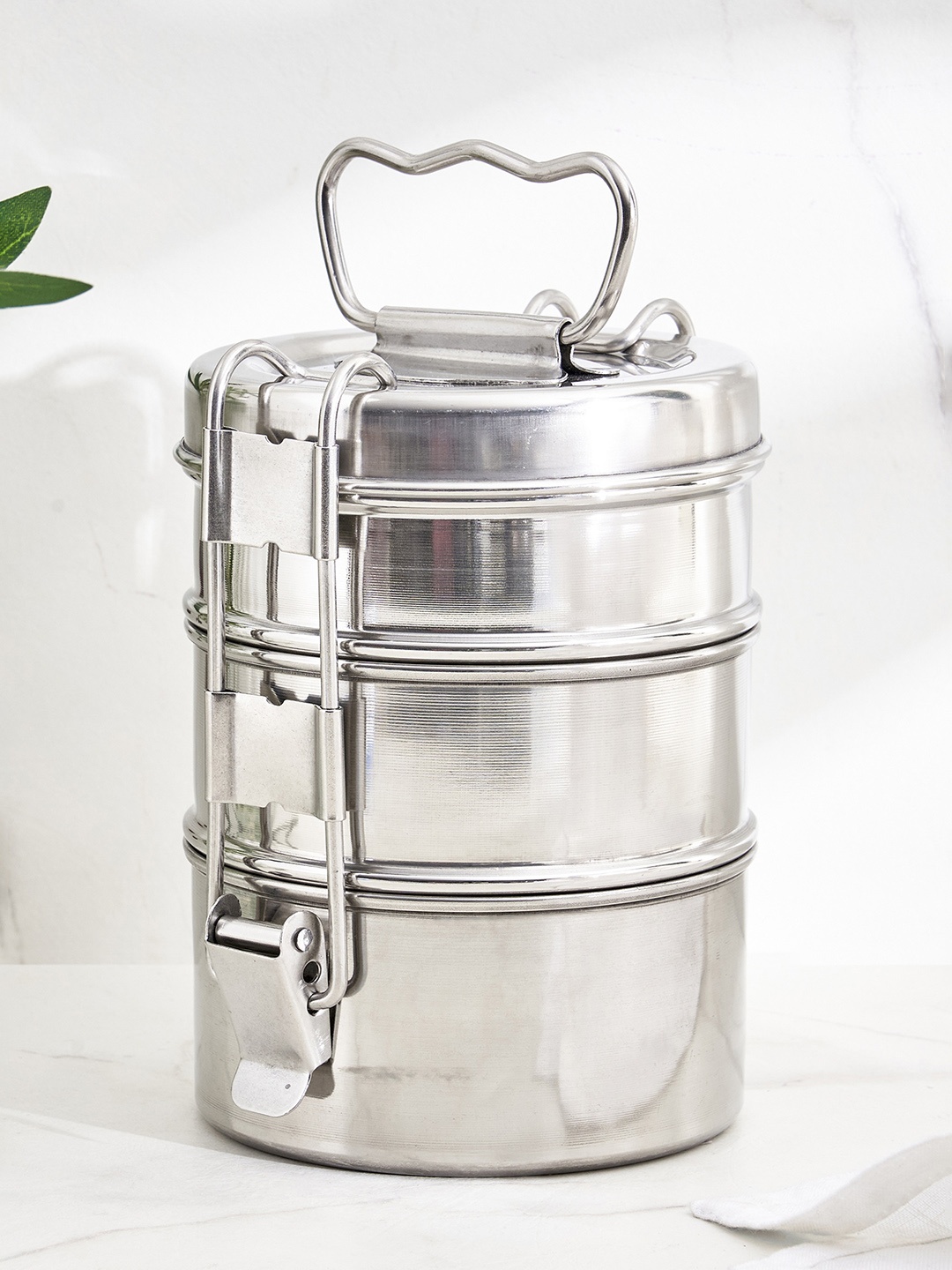 

Home Centre Corsica Aresco Silver-Toned 3 Tiered Stainless Steel Lunch Box With Clip