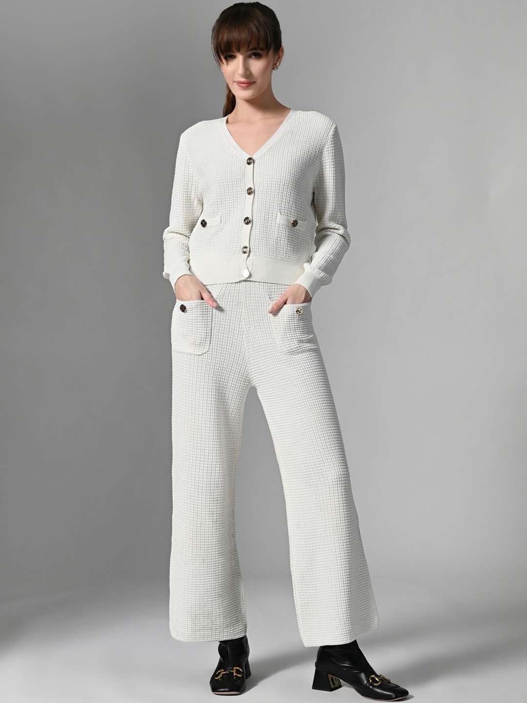 

PANKH V-Neck Checked Top With Trousers, White