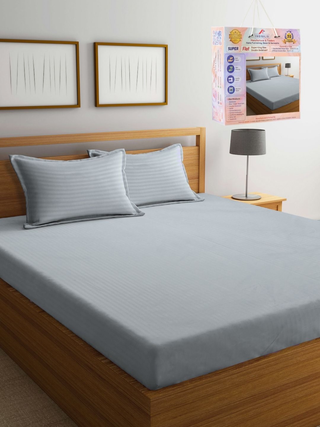 

FABINALIV Grey Striped 300 TC King Bedsheet with 2 Pillow Covers 2.70 m x 2.70 m