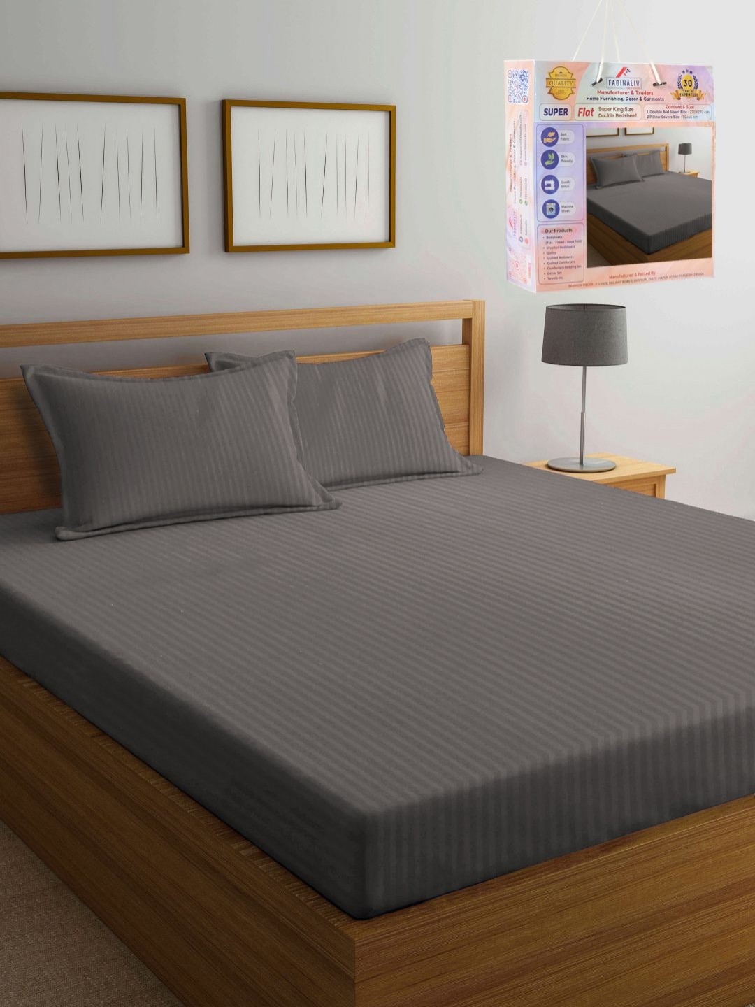 

FABINALIV Grey Striped 300 TC Super King Bedsheet with 2 Pillow Covers 2.70 m x 2.70 m
