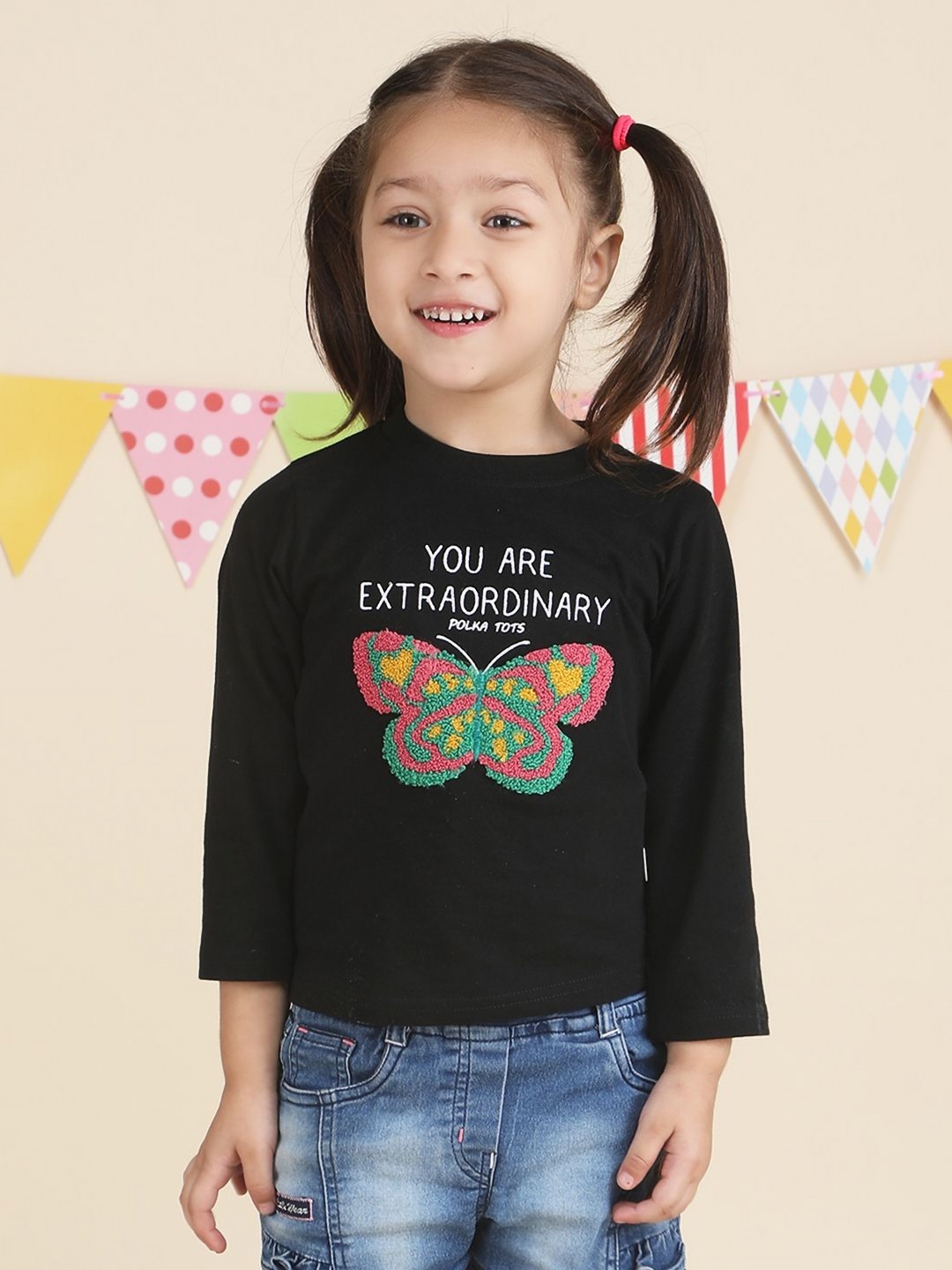 

Polka Tots Kids-Girls Embroidered Cotton T-shirt, Black