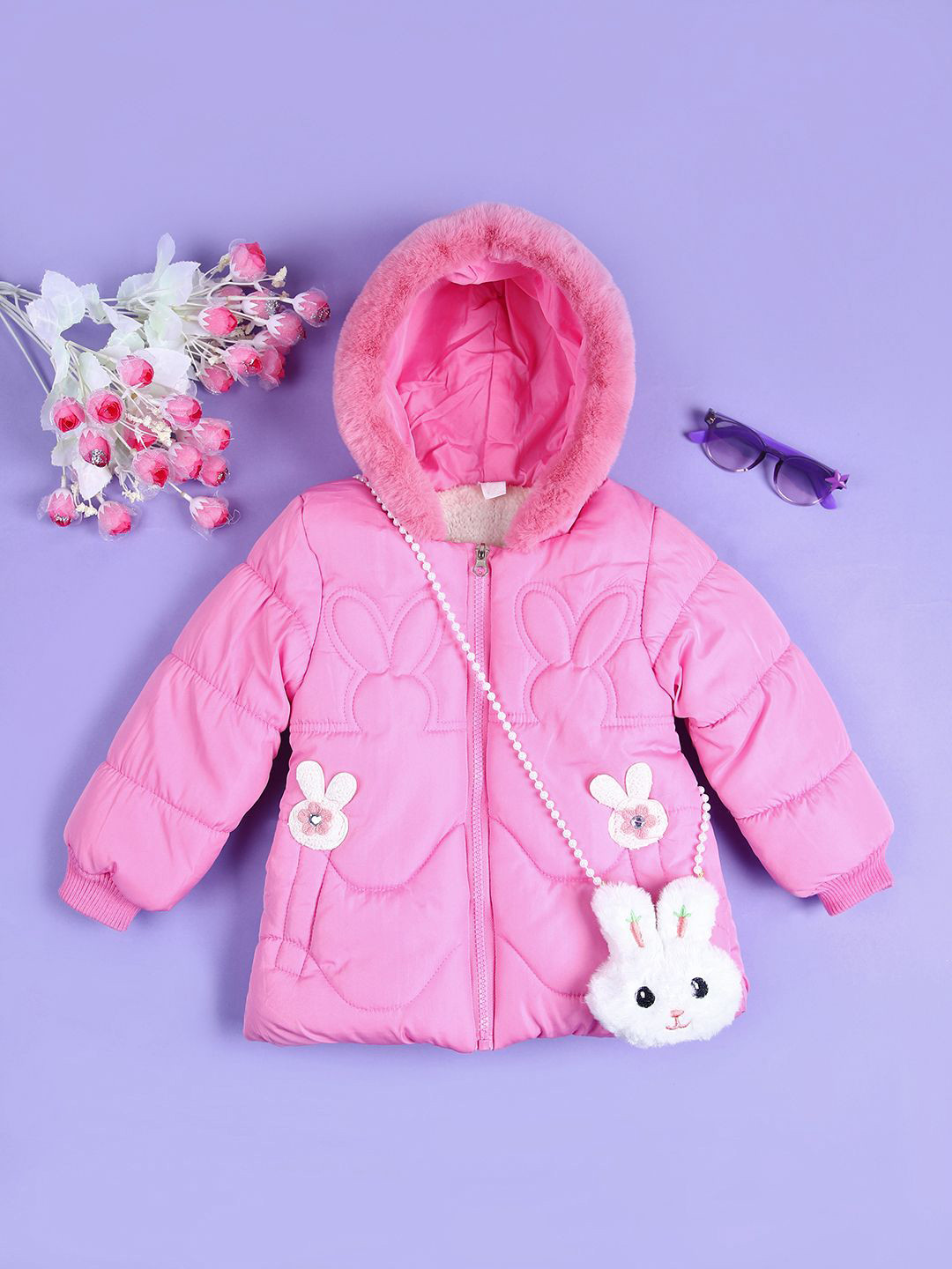 

V-Mart Girls Hooded Solid Cotton Casual Parka Jacket, Fuchsia