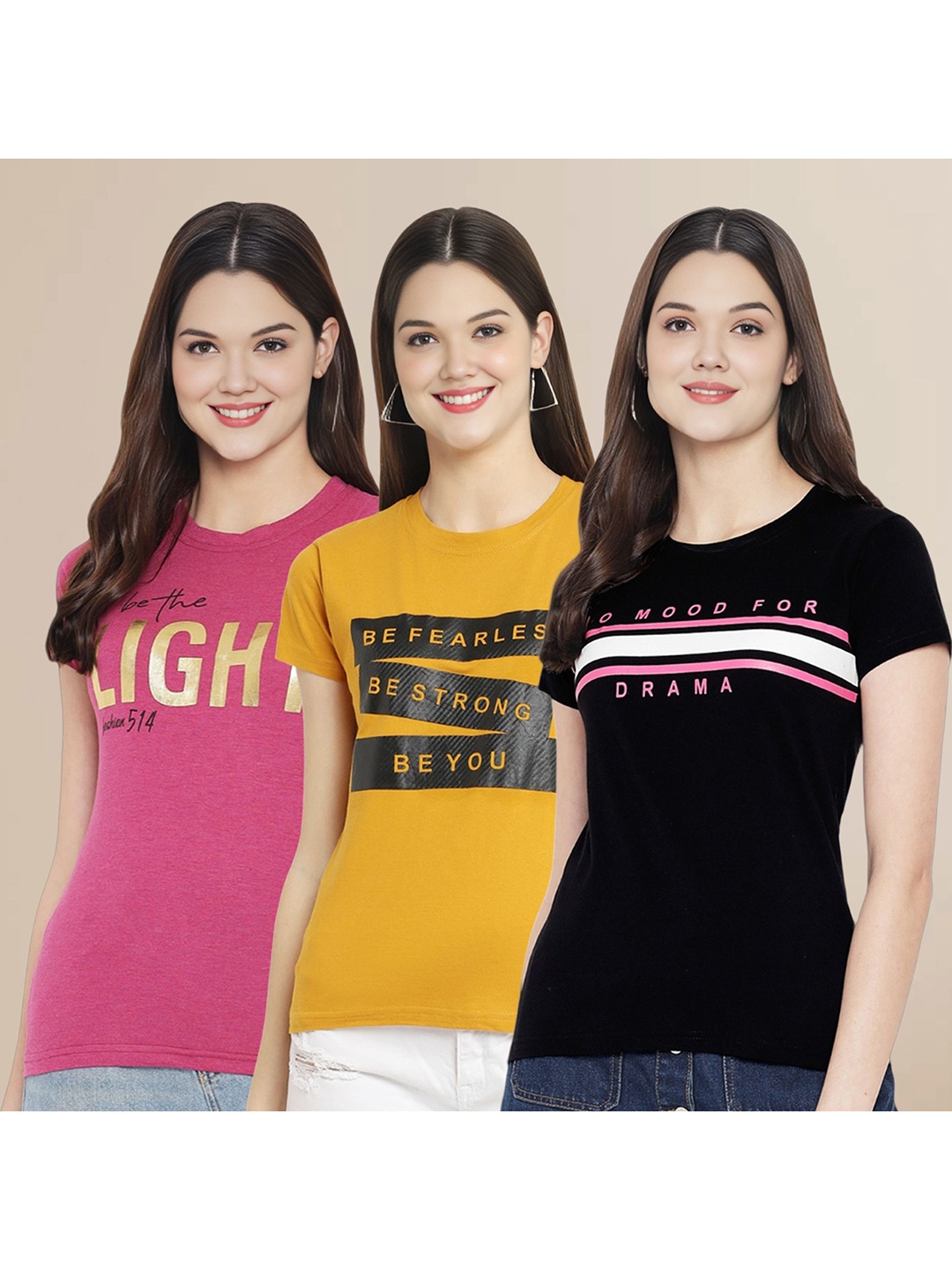 

Metronaut Women Pack Of 3 Typography Printed Round Neck Cotton T-shirts, Pink