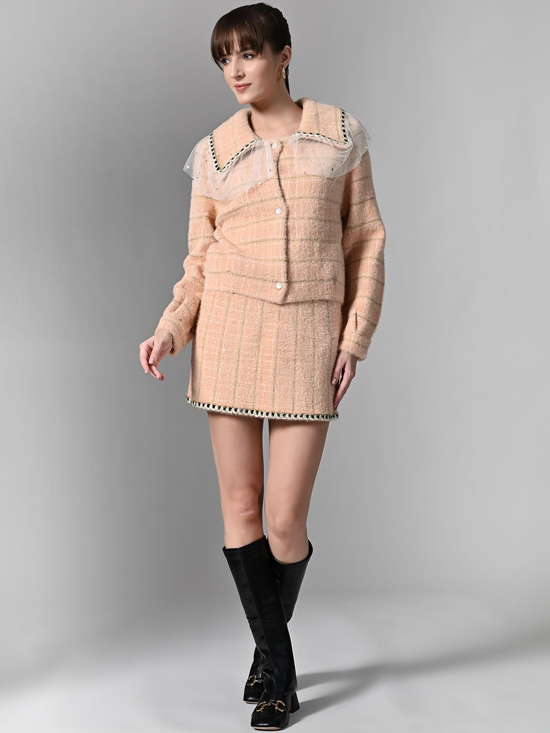 

PANKH Shirt Collar Self Design Sweater With Skirt, Peach