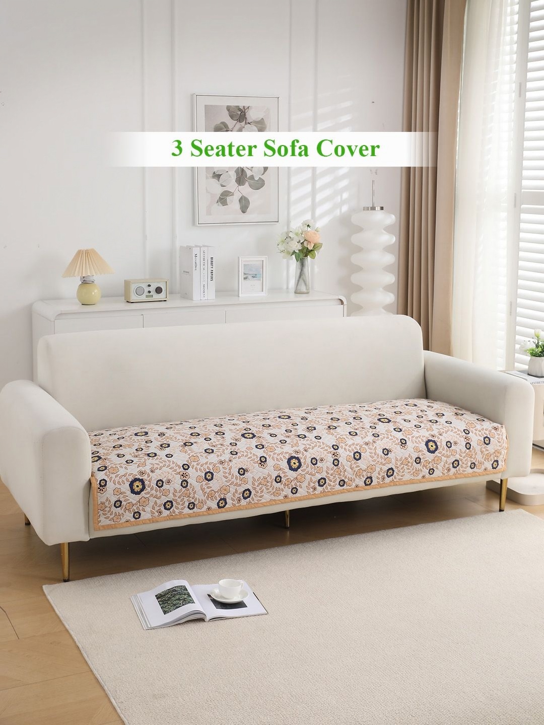 

HOKIPO Peach-Coloured & Brown Printed 3-Seater Quilted Sofa Cover