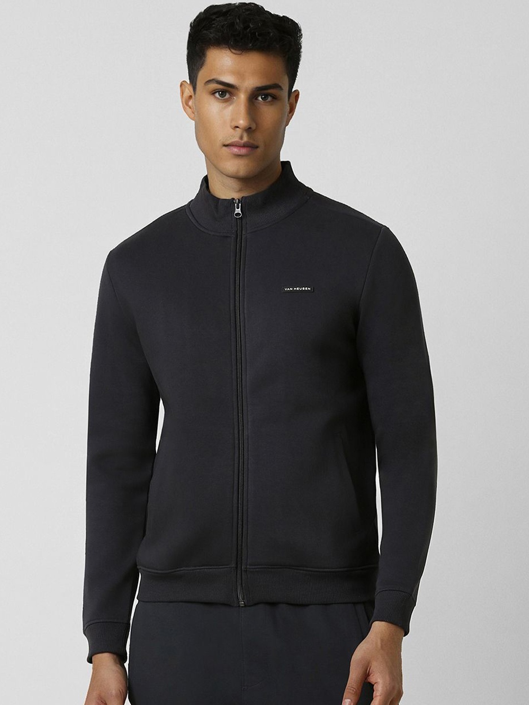 

Van Heusen Men Mock Collar Solid Cotton Casual Bomber Jacket, Black