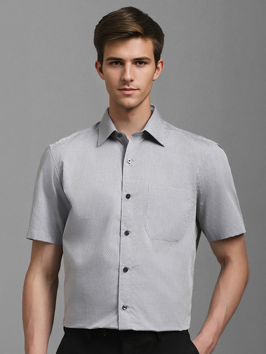 

Louis Philippe Men Classic Spread Collar Textured Cotton Formal Shirt, Grey