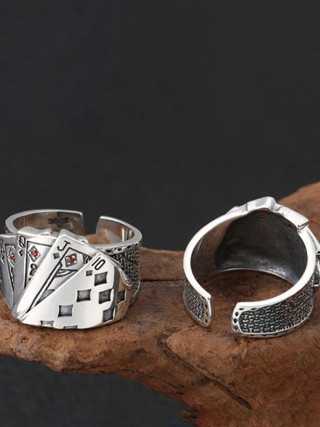 

YU FASHIONS Unisex Silver-Plated Playing Cards Stainless Steel Adjustable Finger Ring
