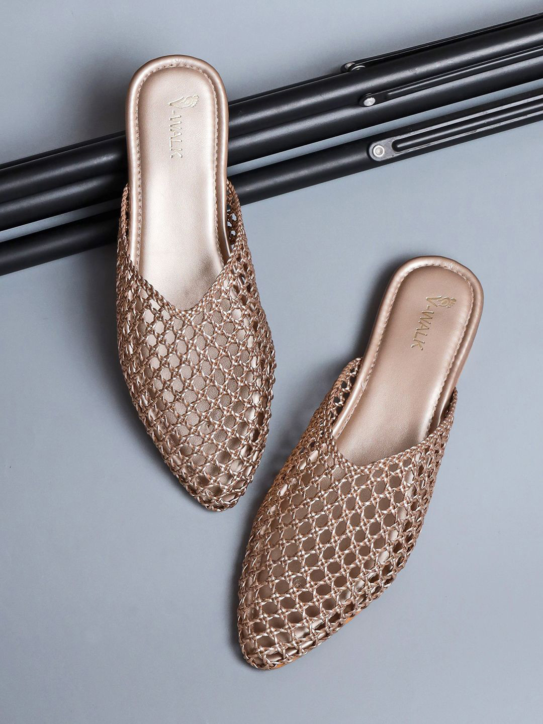 

V-WALK Women Embellished Pointed Toe Mules, Champagne