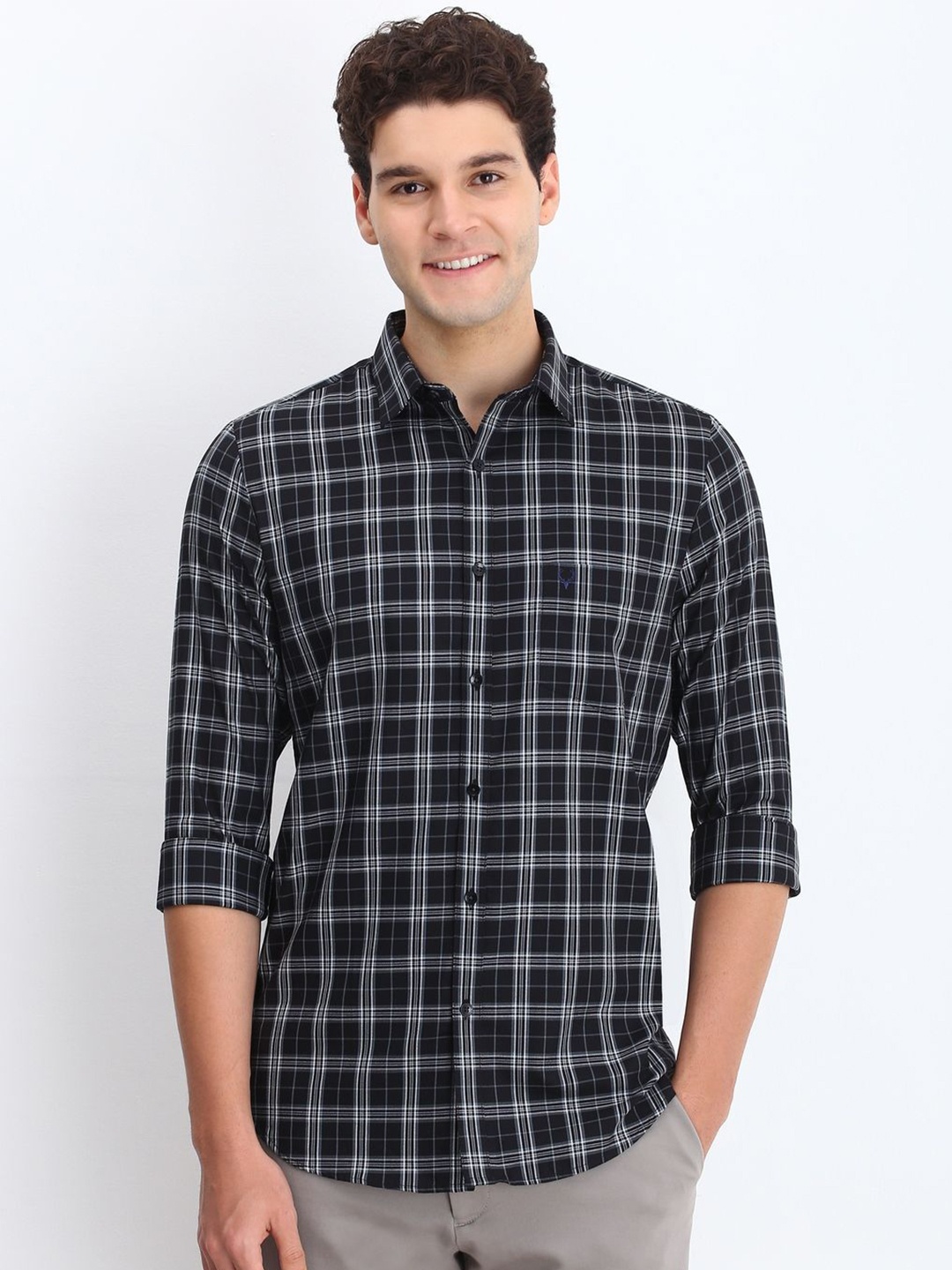 

Allen Solly Men Spread Collar Tartan Checked Cotton Slim Fit Casual Shirt, Black