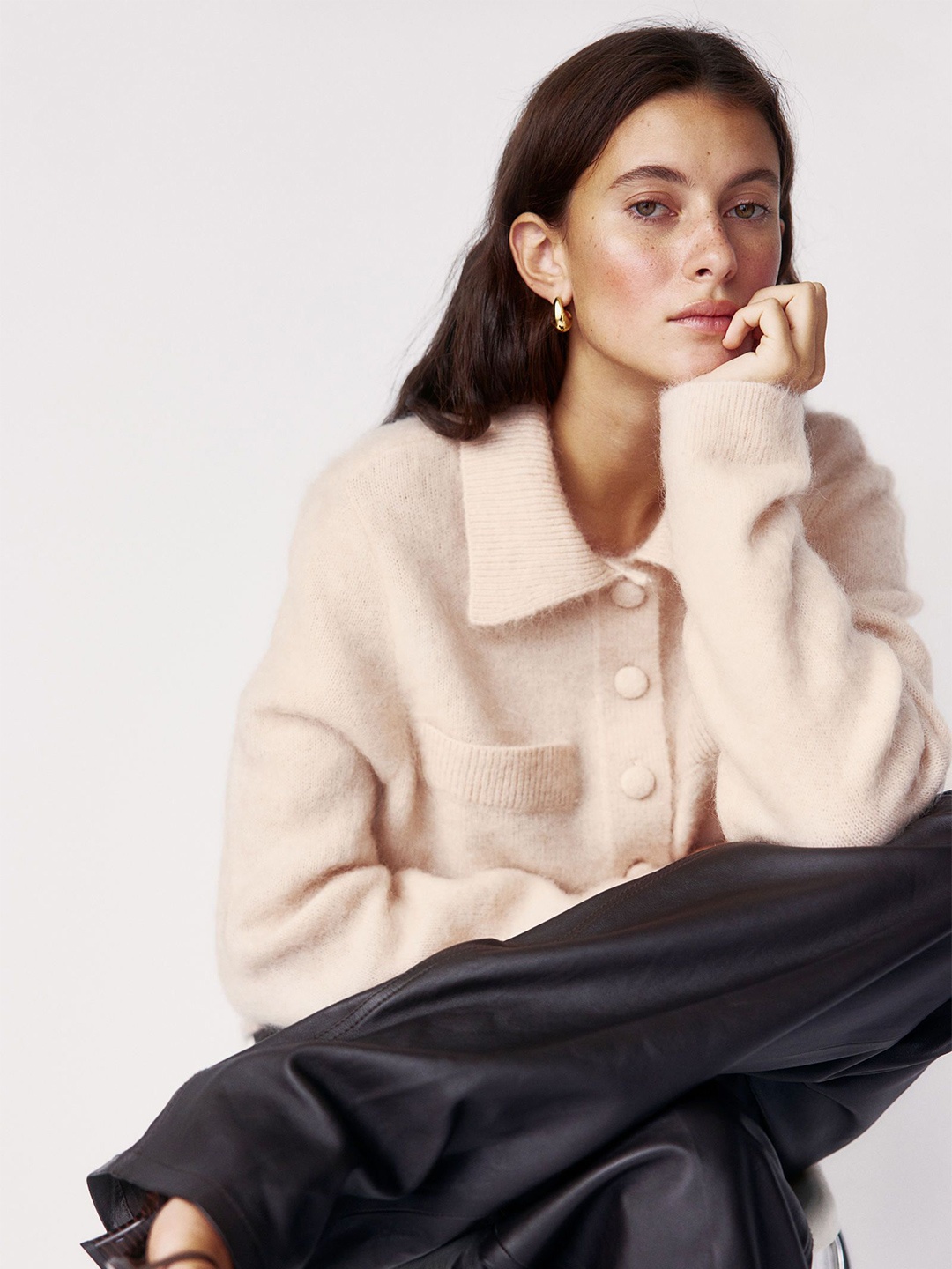 

H&M Mohair-Blend Collared Cardigan, Pink