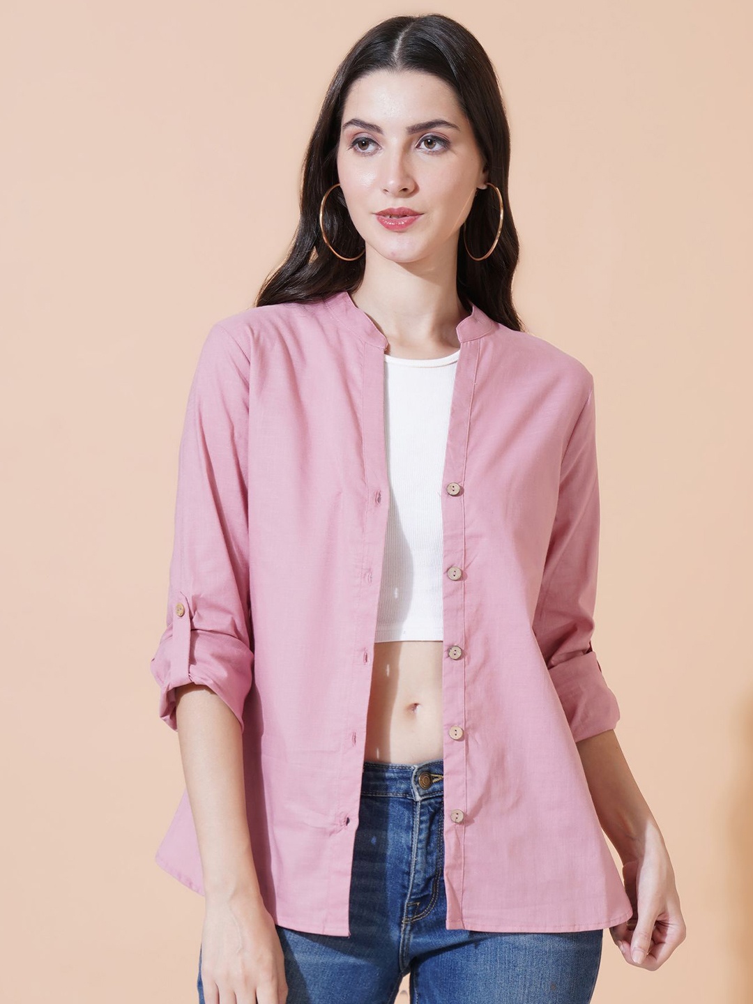 

Mast & Harbour Women Relaxed Mandarin Collar Solid Cotton Oversized Casual Shirt, Pink