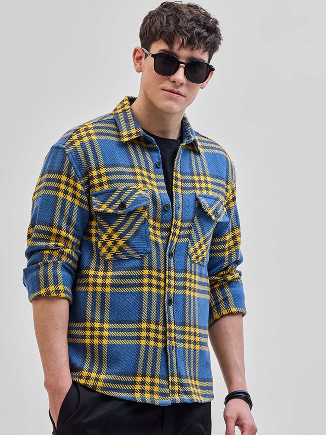 

Snitch Smart Spread Collar Tartan Checked Cotton Shacket, Blue