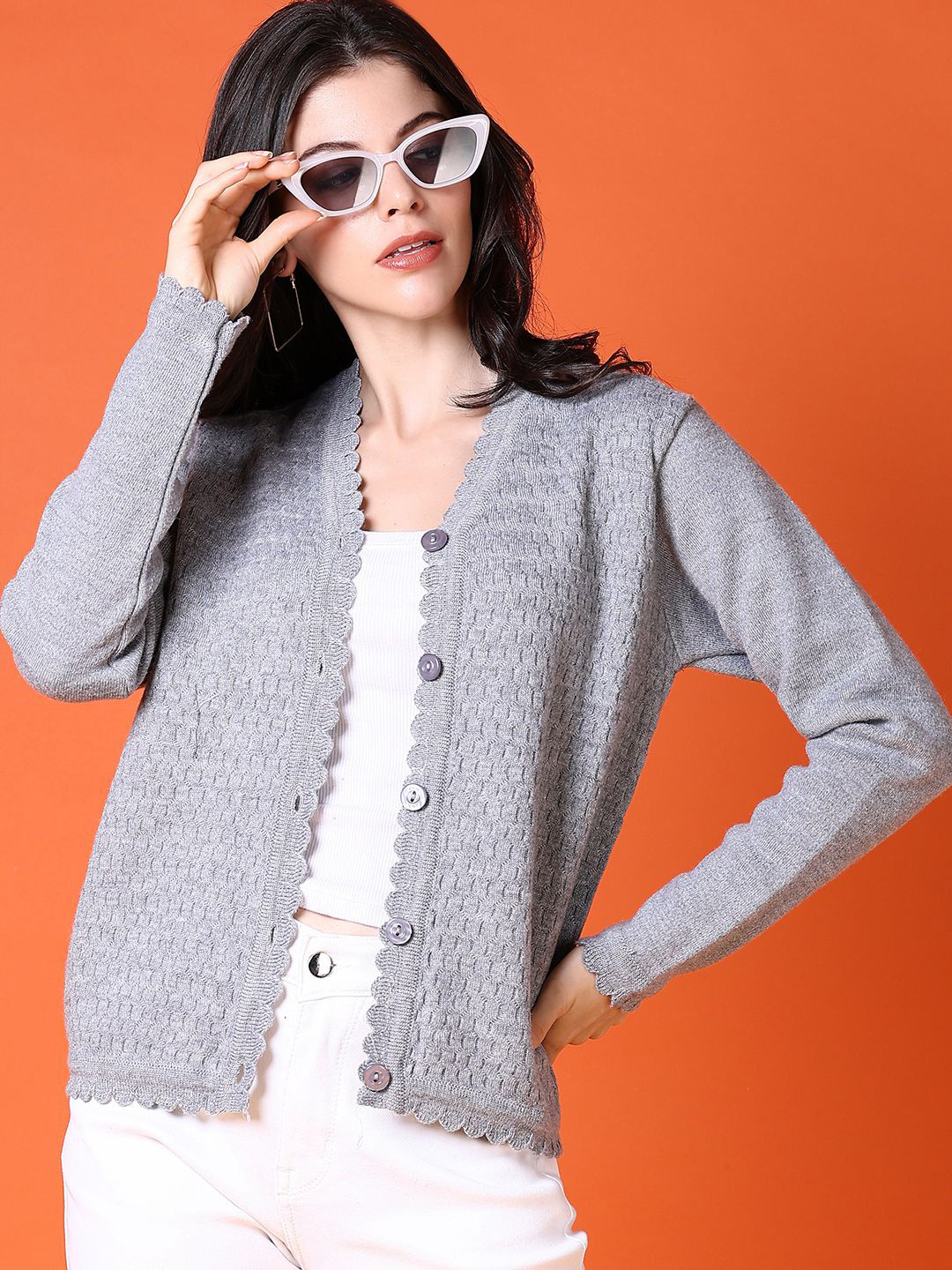 

V-Mart Women Self Design Cardigan, Grey