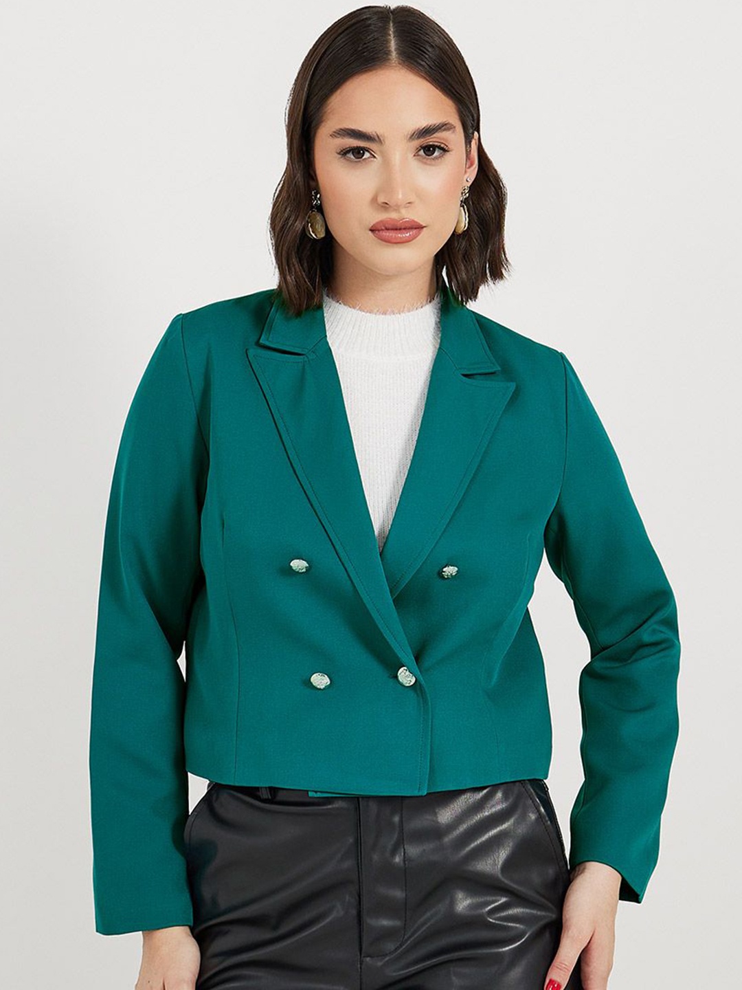

Styli Women Regular Fit Short Length Double Breasted Blazer, Green