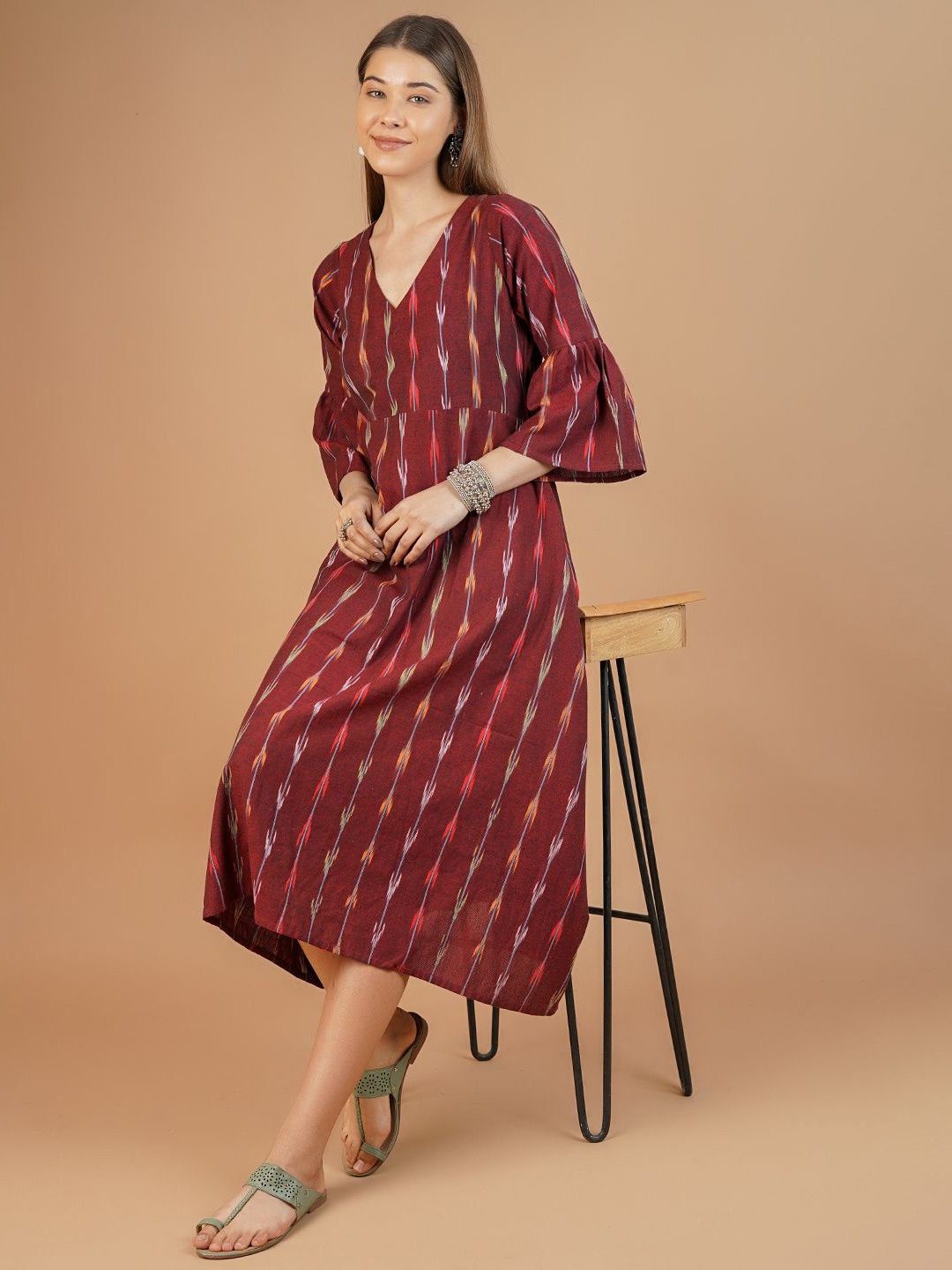 

INDOPHILIA Women Cotton Printed Midi Dress, Red