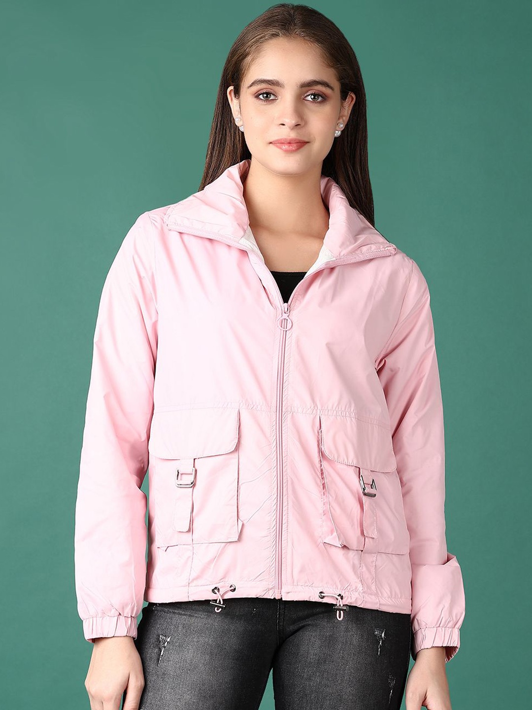 

V-Mart Women Spread Collar Solid Cotton Casual Bomber Jacket, Pink