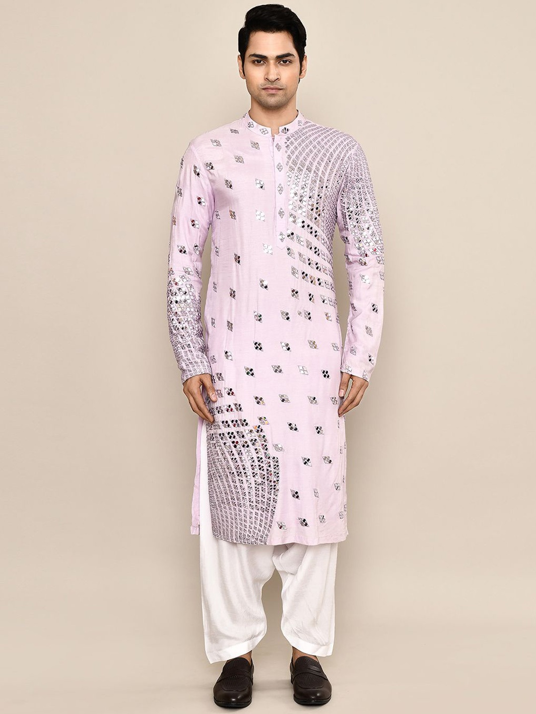 

Arihant Rai Sinha Floral Embroidered Straight Mirror Work Kurta with Salwar, Pink