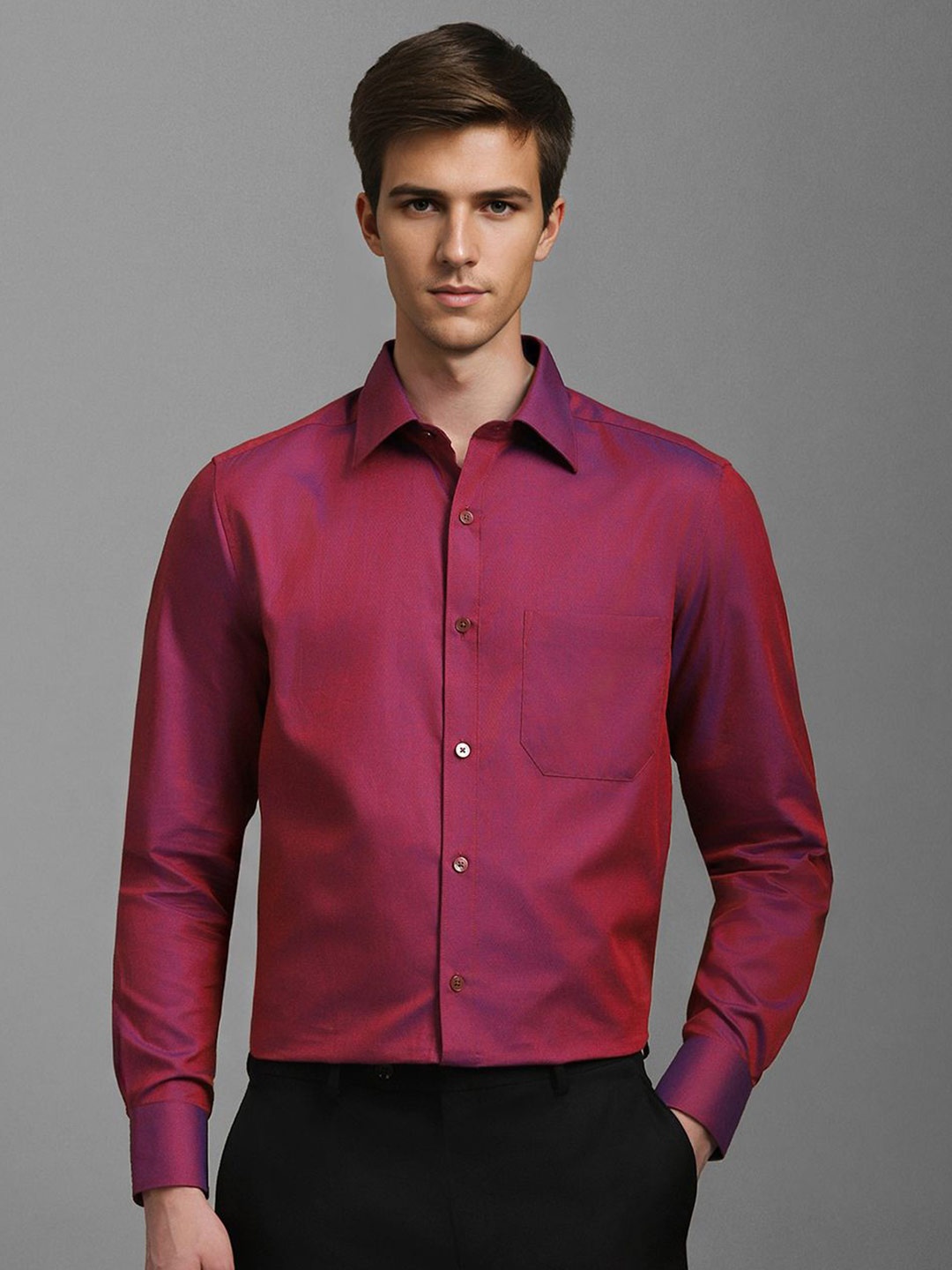 

Louis Philippe Men Classic Spread Collar Solid Cotton Formal Shirt, Maroon
