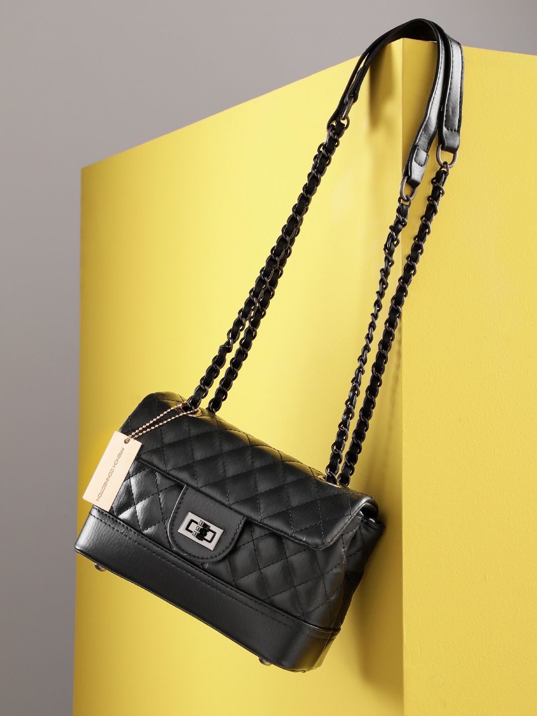 

French Connection Structured Shoulder Bag with Quilted, Black
