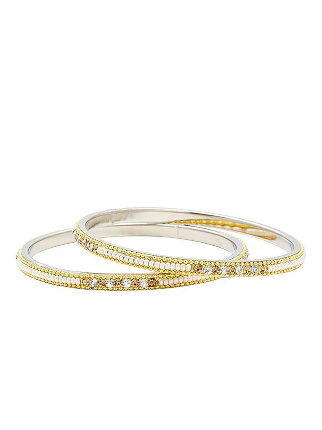 

MEMOIR Set of 2 Brass-Plated Austrian Diamond Stone-Studded & Pearls Beaded Bangles, Gold