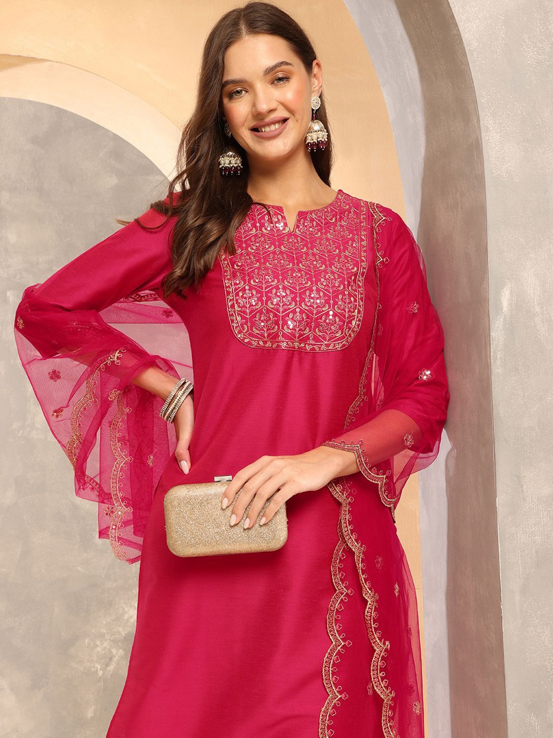 

Anouk Pink Floral Embroidered Sequinned Straight Kurta With Trousers & Dupatta