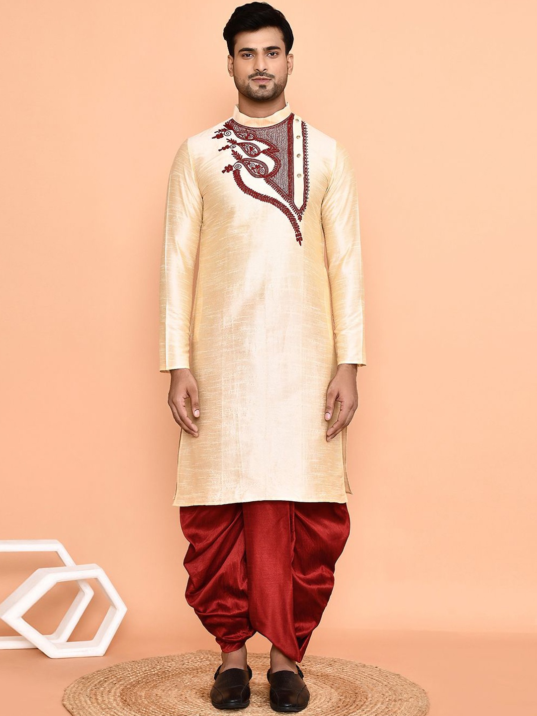 

Arihant Rai Sinha Floral Embroidered Mandarin Collar Straight Kurta With Dhoti Pants, Beige