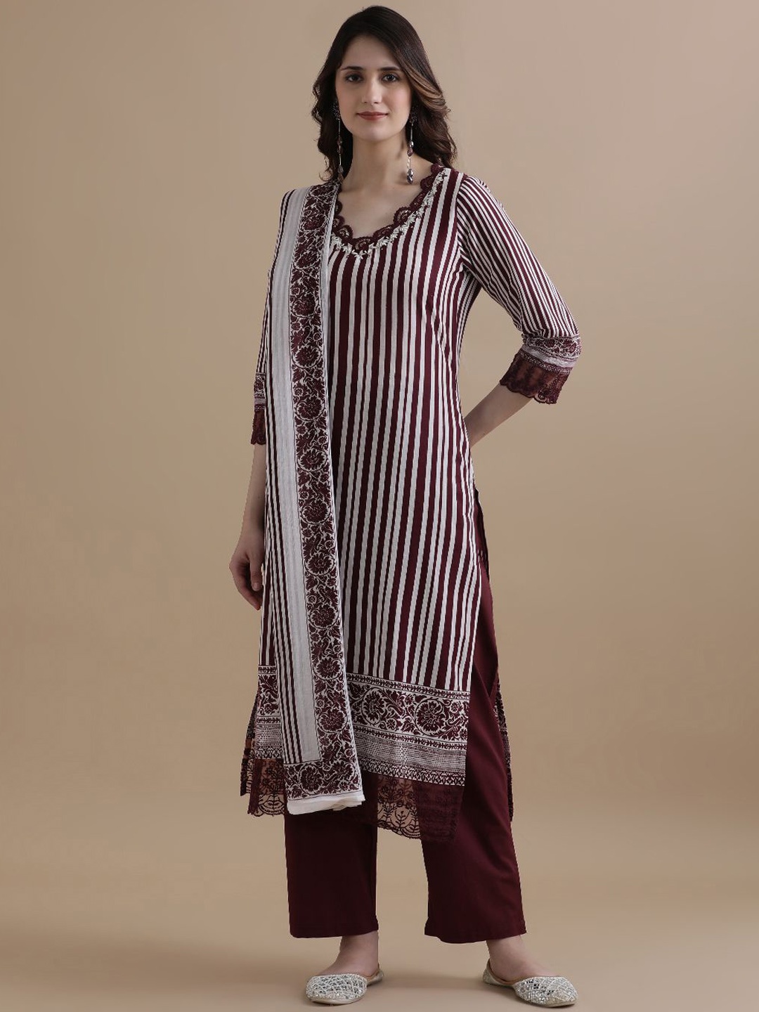 

Jaipur Kurti Striped Thread Work Pure Cotton Kurta with Trouser & Dupatta, Violet