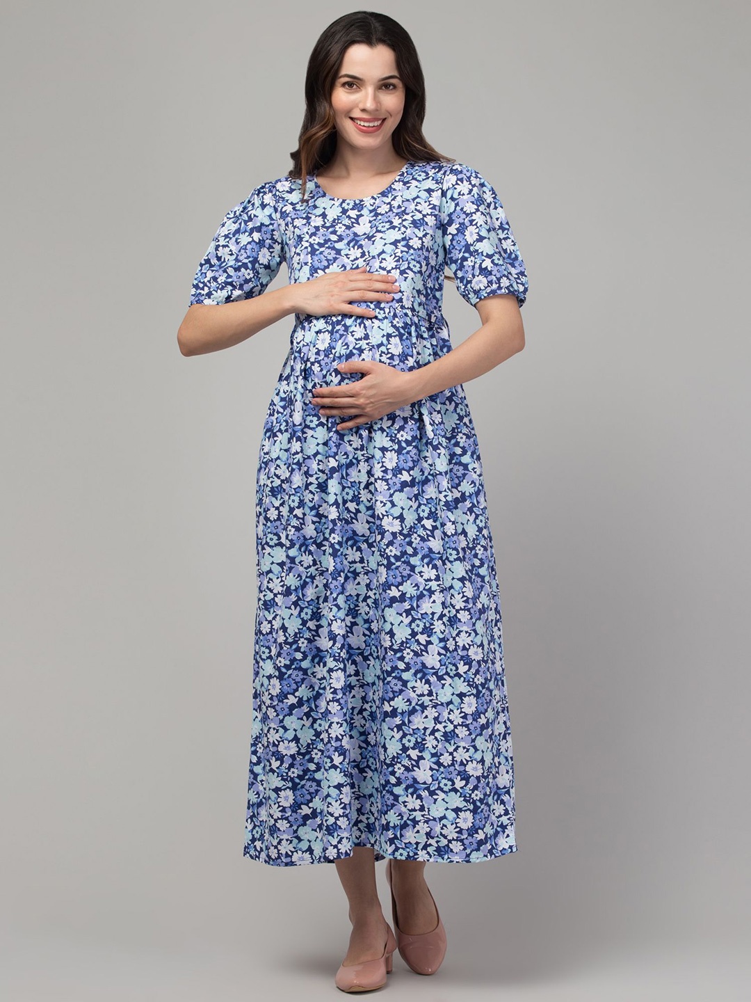 

Zuvino Floral Print Puff Sleeve Maternity Fit & Flare Midi Dress, Blue